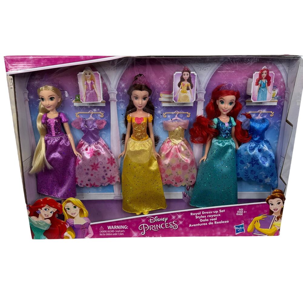 Disney Princess Dolls Rapunzel, Belle & Ariel Royal Dress Up Set w/3 extra dress